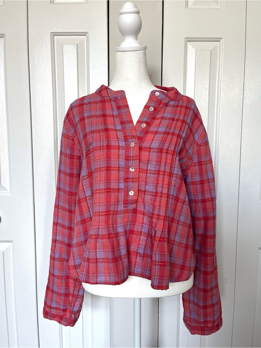 Plaid Button-Popover Women's Top Natural Life